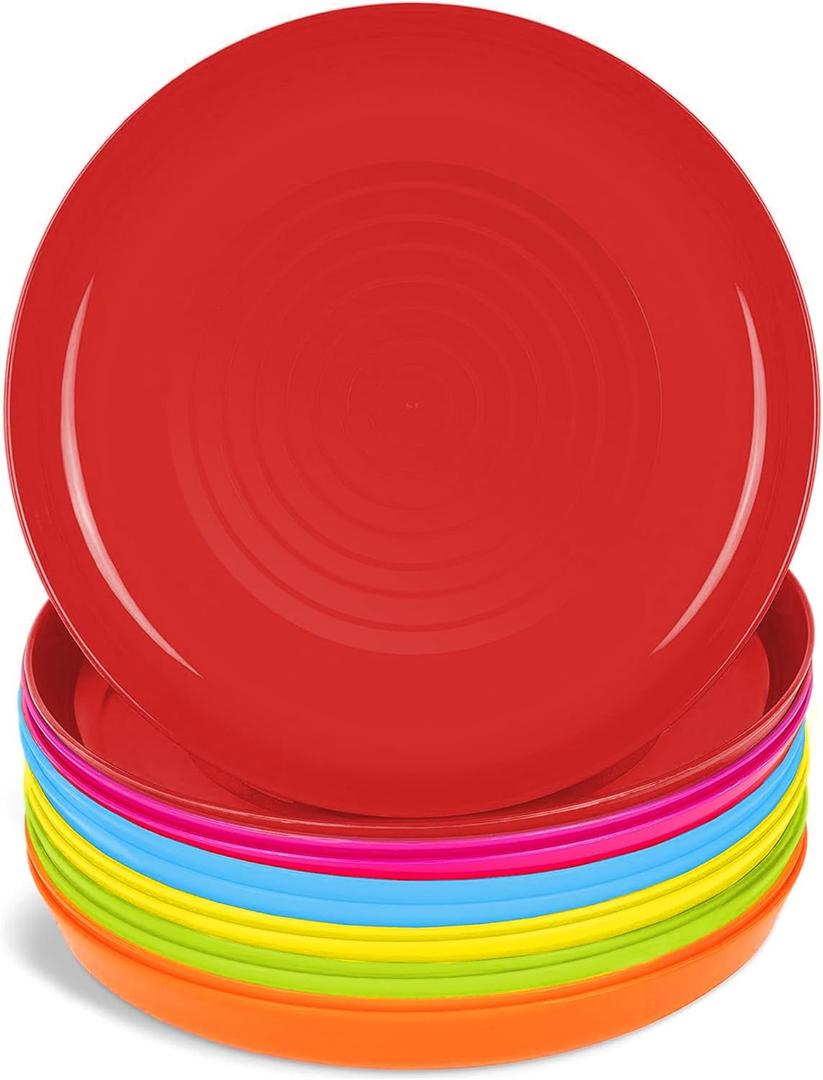 PLASKIDY Kids Plates Set of 12 - Toddler Plastic Dinner Plates - BPA FREE, Microwave & Dishwasher Safe, Brightly Colored 7 Inch