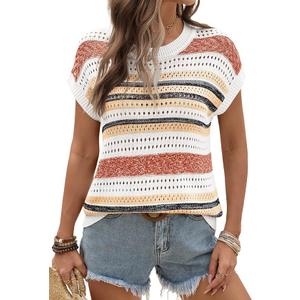 Ivicoer Crochet Sweaters Hollow Out Tops Round Neck Cute Cap Sleeve Summer Tops for Women 2025 Summer Top Orange Stripe S