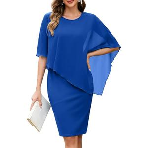oten Women's Chiffon Wedding Guest Dress Crew Neck Cape Sleeveless Cocktail Birthday Party Midi Dresses XL, Royal Blue