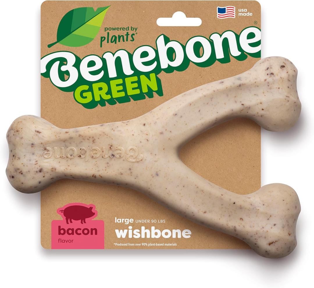 Dog Bones for Modest Chewers: Benebone Green Plant-Based Real Bacon Wishbone Dog Chew Toy for Large Dogs, Made in USA