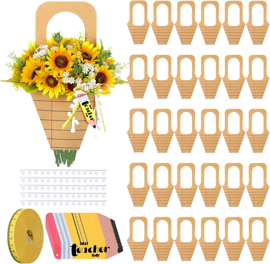 Gilprop 30 Pcs Teacher Appreciation Week Flower Bag with Handle Kraft Flower Bouquet Bags Teacher Appreciation Gift Bag with Pencil Tag Tape Measure Ribbon for School End of Year(Basket Style,Brown)