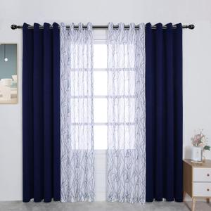 BONZER Mix and Match Curtains - 2 Pieces Branch Print Sheer Curtains and 2 Pieces Blackout Curtains for Bedroom Living Room Grommet Window Drapes, 54x84 Inch/Panel, Indigo, Set of 4 Panels