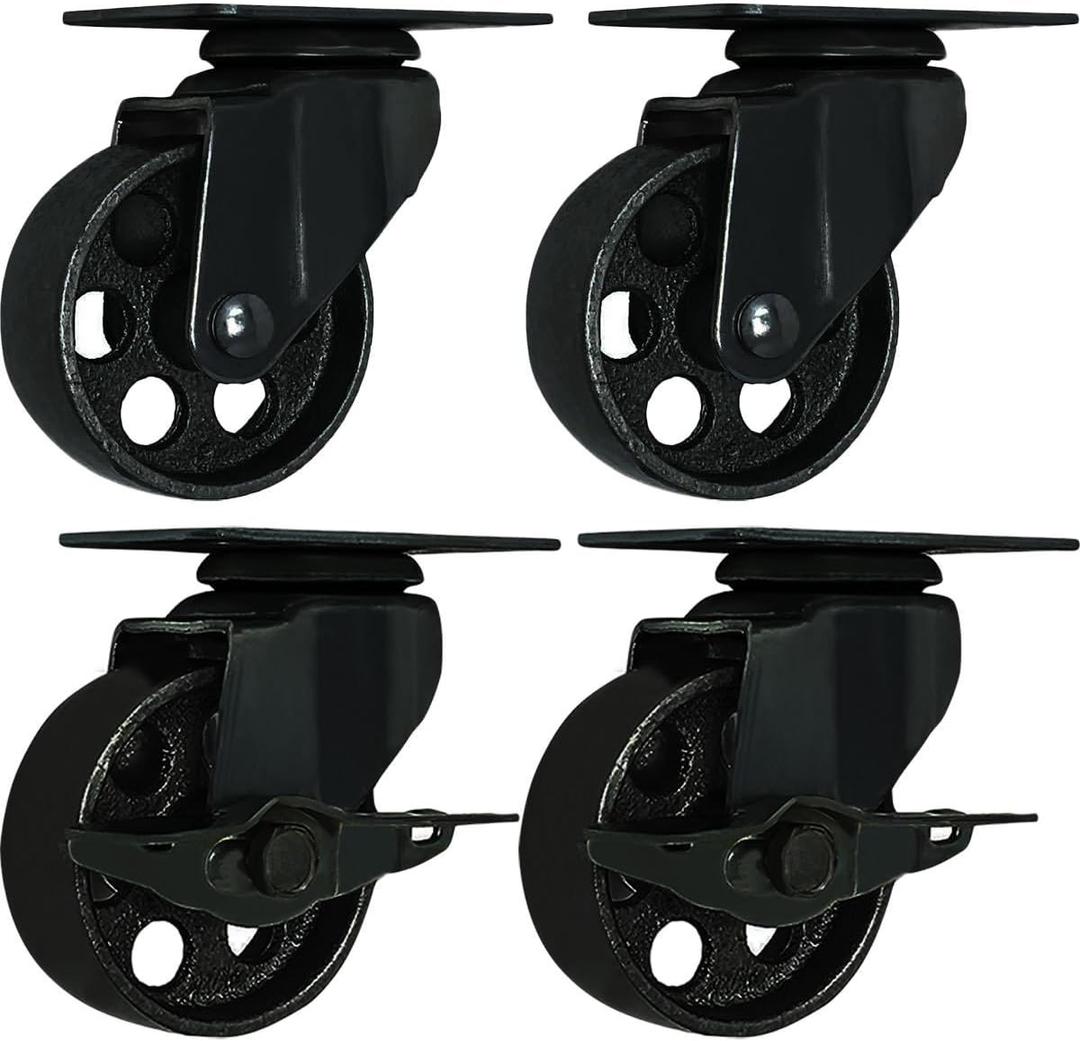 FactorDuty 4 All Black Metal Swivel Plate Caster Wheels w/Brake Lock Heavy Duty High-gauge Steel (3" Combo)