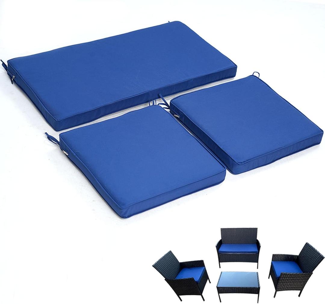 3-Pack Outdoor Patio Furniture Replacement Cushions SetHigh-Elastic Sponge Cushions Fit 4-Piece Wicker Rattan Sofa, Loveseat & Chairs, 36x18x2 & 18x18x2, Waterproof, Fade-Resistant (Navy blue)