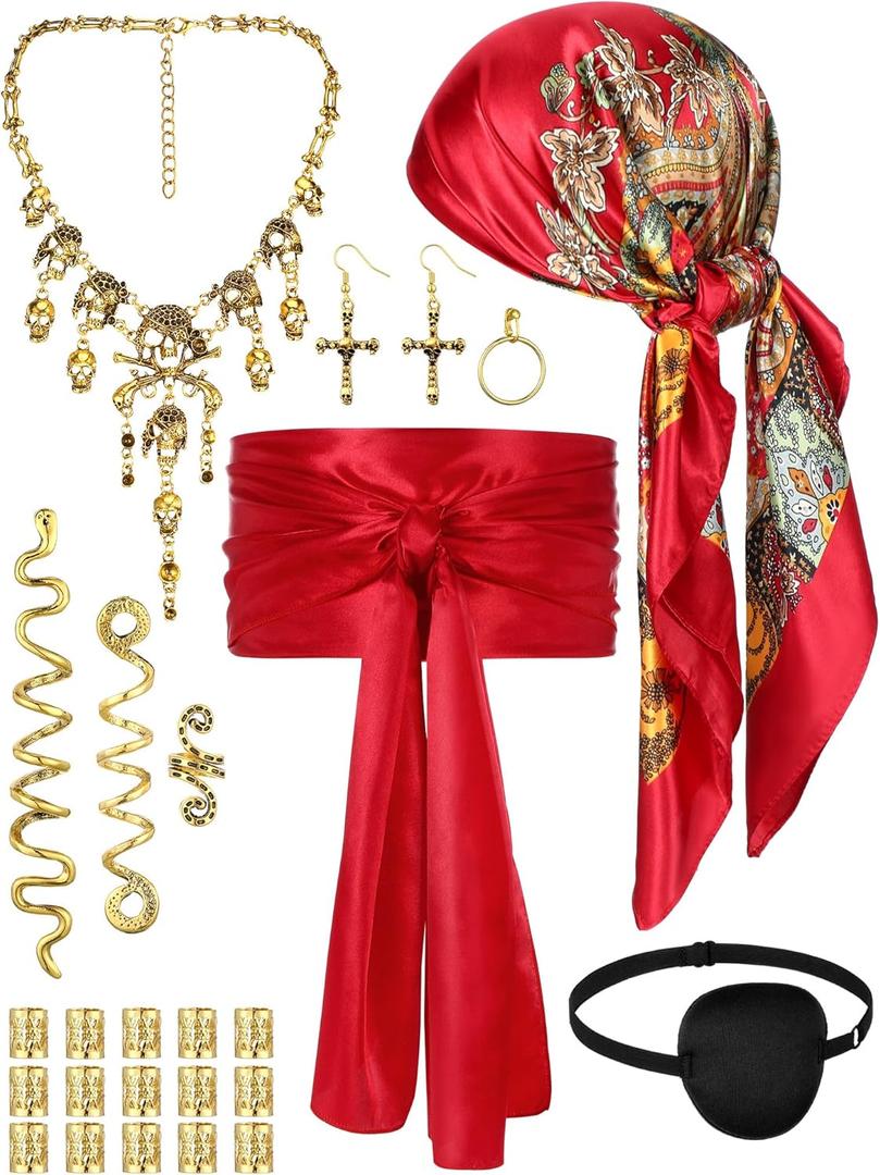Remuuly 24 Pcs Pirate Costume Accessories Women Pirate Head Scarf Sash Belt Eye Patch Necklace Earring Snake Hair Accessory (Red and Gold)
