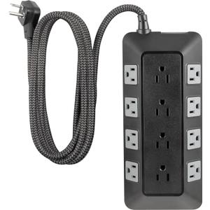 GE UltraPro Adapt 12-Outlet Surge Protector, 6ft Braided Heavy Duty Extension Cord, Flat Plug Power Strip, 3540 Joules, Black, 74542