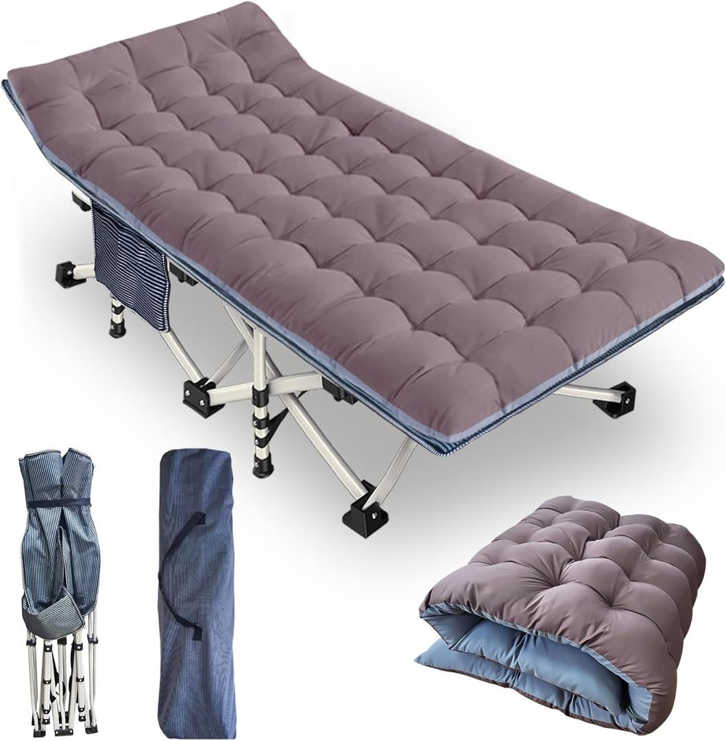 Cot Camping Cot with Thick Pad Cots for Sleeping Camping Bed Folding Cot 450LBS(Max Load) Comfortable Double Layer Oxford Heavy Duty with Carry Bag for Home Outdoor Travel (Standard, Grey)