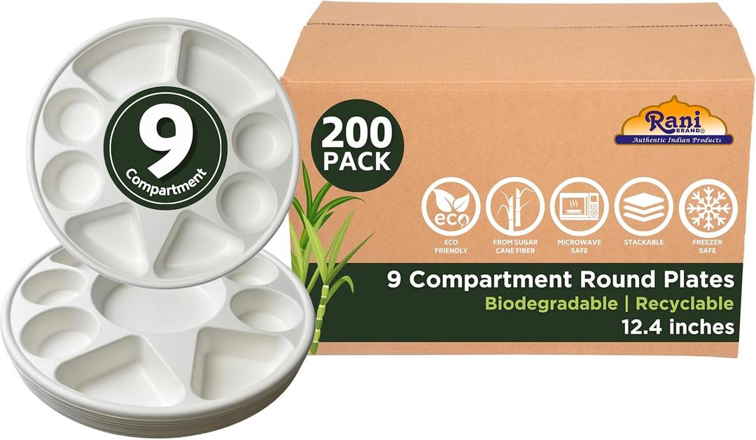 Rani 9 Compartment Round Biodegradable Divided Plates, Pack of 200 ~ Party, Thali, Buffet | Disposable & Eco-Friendly | Heavy-Duty Sturdy Paper Bagasse | Premium Quality | 12.44" Diameter 1.38" Height