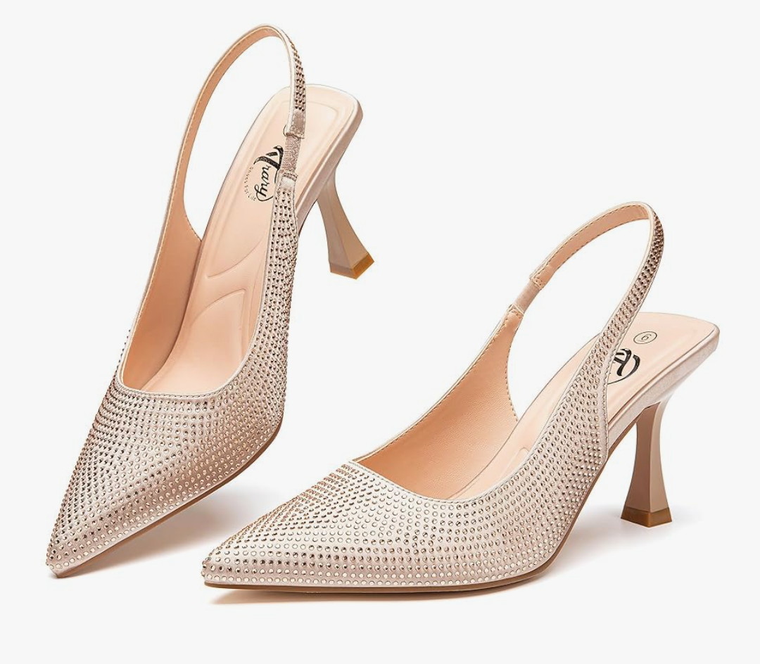 Trary Slingback Heels for Women - Pointed Toe Pumps, Comfortable & Stylish for Parties & Work - 3.2inch High Heels, Rhinestone & Glitter Dressy Shoes,10