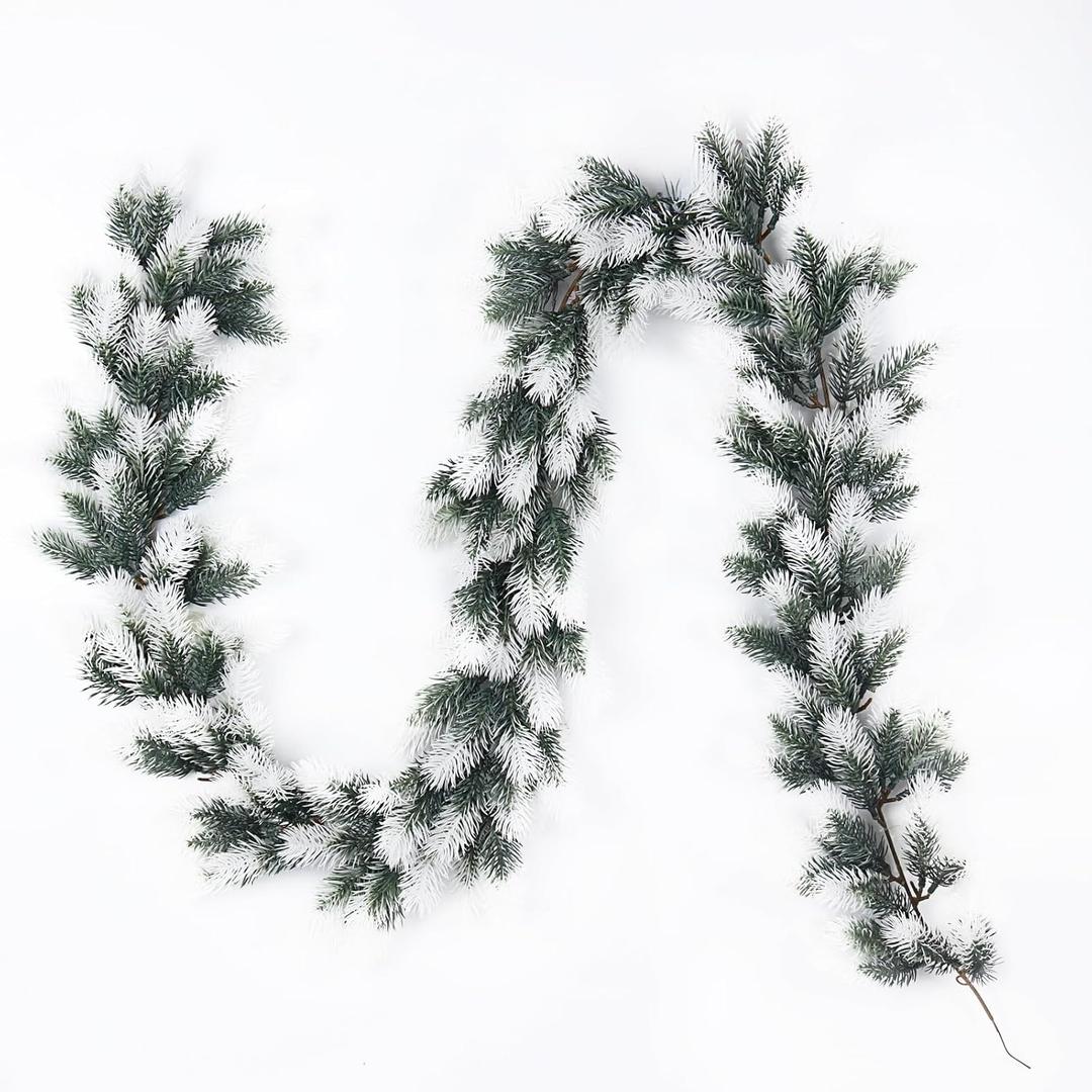 RECUTMS RECUTMS Artificial Christmas Pine Garland - 6.4ft Frosted Cypress Realistic Pine Decoration for Indoor Home Xmas Table Centerpiece Decor(White) (TT without LED Lights)