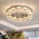 Modern Chandelier for Living Room, 24in Flush Mount Crystal Ceiling Light Fixture Chrome Large Raindrop Chandelier Lighting Fixture for Dining Room Living Room Bedroom Kitchen (23.6" Width, Silver)