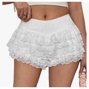 UAURORAO Women Cute Ruffle Bloomer Skirt Elastic Waist Layered Lace Mini Skort Puffy Pleated Aline Skater Skirts Shorts XS