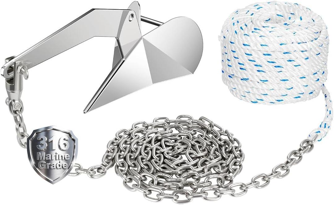 316 Stainless Steel Delta Anchor Kit Set Stainless Steel Boat Anchor with Short-Link Chain & Rope & Swivel (13 Lb Delta Anchor+1/2"rope 150ft+1/4" Chain 15ft)