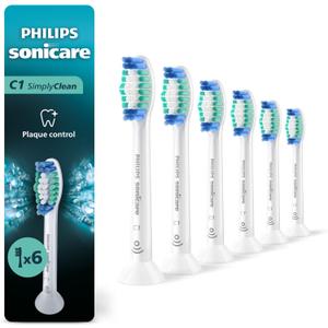 Philips Sonicare C1 SimplyClean - Genuine Replacement Electric Toothbrush Heads, White, 6 Pack Up to 18 Month Supply, HX6016/77