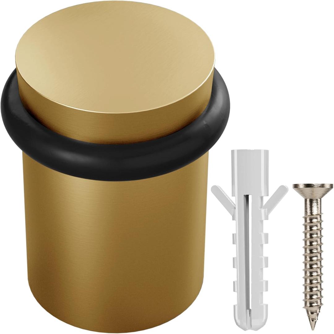 NYCO - Floor Door Stopper Chrome Door Stop - Classy Solid Steel Modern Heavy Duty Door Stoppers - Floor Mount Anchor Screw - Wall Protector for Commercial Door (1.5 Inch Satin Brass)