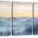 Wall Decor for Bedroom 3 Panel Sunrise Misty Forest Print Picture Paintings Wall Art for Living Room Bathroom Framed Canvas Artwork Modern Room Wall Decorations Size 16x24 x 3 Piece Ready to Hang (Blue)