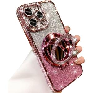 Magnetic Kickstand Glitter Case for iPhone 16 Pro Max,[Compatible with Magsafe] Bling Sparkly Rhinestones with Camera Protector Makeup Mirror Women Girls Case for iPhone 16 Pro Max 6.9", Pink