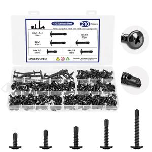 210Pcs Self Tapping Screws for Metal, 410 Stainless Steel #8 Self Drilling Screws Assortment Set, 1/2" to 1-1/4" Length Black Sheet Metal Screws for Building, Wood, and Plastic