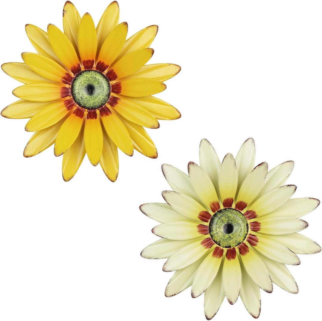 hogardeck 2 PCS 11" Metal Sunflower Wall Decor for Indoor Outdoor, Sunflower Kitchen Wall Decor Floral Metal Wall Art, Outdoor Decor for Bathroom, Living Room, Porch, Garden, Yard (yellow white-2081)