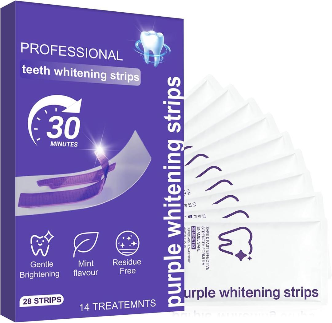 Purple Teeth Whitening Strips for Sensitive Teeth, Enamel Safe Whitening Strips to Remove Coffee Wine Smoking Stains, Non Slip Teeth Whitening Kit with Low Sensitivity Formula 14 Treatments