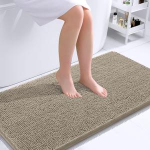 OLANLY Bathroom Runner Rugs 44x24, Soft Absorbent Chenille Bath Rugs, Rubber Backing Quick Dry, Machine Washable Long Bath Mats for Bathroom Floor, Tub and Shower, Home Decor Accessories, Warm Taupe