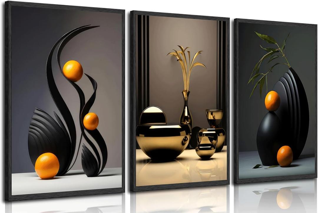 3 Pcs Black Abstract Wall Art Modern Still Lifes Ceramic Wall Deco Pictures orange Black Shape Canvas Posters Prints for Living Room Bedroom Bathroom Home Decoration Unframed (12x16in)