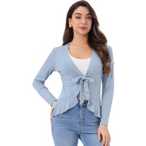 Allegra K Women's Tie Front Cardigan Dressy Casual Cardigan Draped Ruffle Shrugs for Women Dresses, X-Small