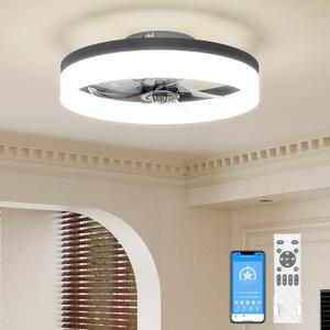 VOLISUN Low Profile Ceiling Fans with Lights and Remote, 15.7in Fandelier Ceiling Fan with Light, 3000K-6500K Dimmable Bladeless LED Fan Light, Black Flush Mount Ceiling Fans with Lights for Bedroom (15.7 INCH)