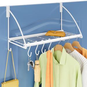 Tajsoon Over The Door Hanger with Storage Rack and 6 Hooks, Over The Door Clothes Rack for Hanging Coat, Over The Door Clothes Hanger for Bathroom, Bedroom, Living Room, White