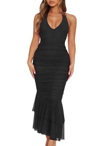 HOT ROEE Women's Sexy V Neck Tie Halter Mesh Ruffle Hem Ruched Bodycon Cocktail Party Maxi Dresses Black X-Large