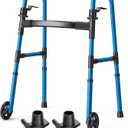 Loyoda Folding Walker with 2 Skis and 5" Wheels, Lightweight Walkers for Seniors and Adults, Supports Up to 350 Pounds, Adjustable Height, Compact Standard Walker, Blue