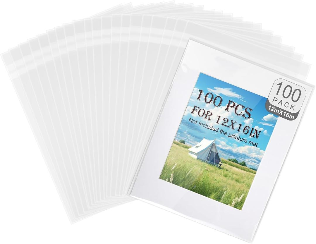 Phiocxem 100PCS Acid-Free Crystal Clear Plastic Bags for 12x16 Art Prints/Photos/Framing Mat Mattes/Pictures,12 2/5 X 16 8/11 OPP Sleeves Storage Bags (Bag Size: 12 2/5 X 16 8/11)