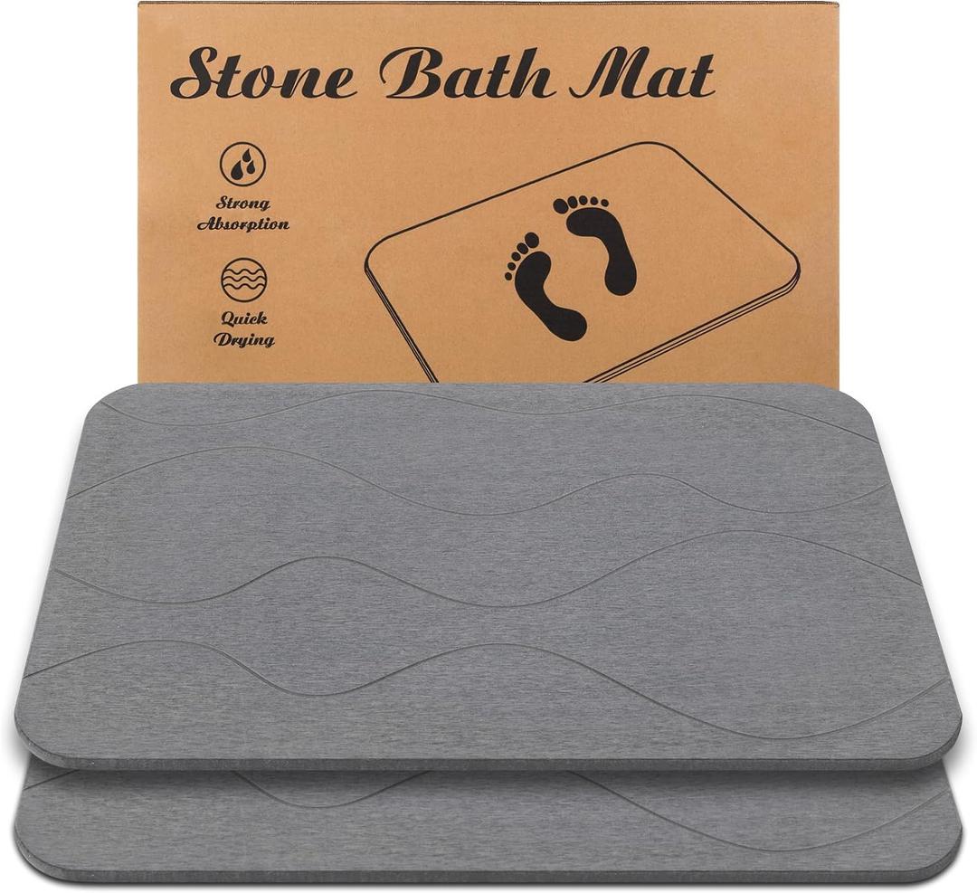 Stone Bath Mat, Diatomaceous Earth Shower Mat, Non-Slip Super Absorbent Quick Drying Bathroom Floor Mat, 2Pack,Grey, Pattern 1, Large