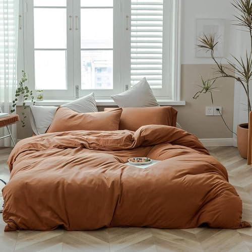 AMWAN Jersey Knit Cotton Duvet Cover Set Solid Pumpkin Color, Luxury Soft Comforter Cover Queen Size 3 Piece Bedding Set 1 Duvet Cover 2 Pillowcases Set, Pumpkin Caramel