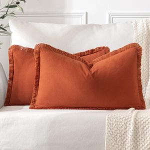 MIULEE Throw Pillow Covers Fall Boho Farmhouse 12x20 Set of 2 Decorative Rust Couch with Fringe Chic Cotton Pillowcases Home Decor Accents for Cushion Soft Bed Living Room