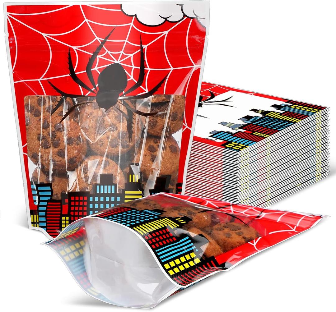 Teenyyou 50 Pcs Spider Party Favors Bags Stand up Spiderweb Pouch Treat Gift Bags with Transparent Window for Cookie Candy Goodies for Halloween Party Supplies, 8 x 6.5 x 2.5 Inch