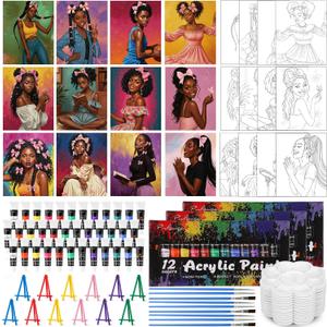 Sherr 108 Pcs 12 Set Black Girl Sip and Paint Kit for Adults 8''x10'' Pre Drawn Canvas to Paint DIY Acrylic Painting Kit Pre Printed Canvas for Date Night Mother's Day Party Team Building