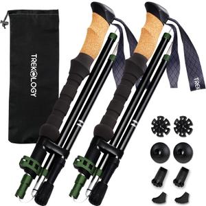 TREKOLOGY Trek-Z Cork Grip Trekking Poles  Lightweight Folding Hiking Poles, Adjustable Height, Compact Travel Design, Aircraft-Grade Aluminum Walking Sticks for Men & Women (Black with Green)