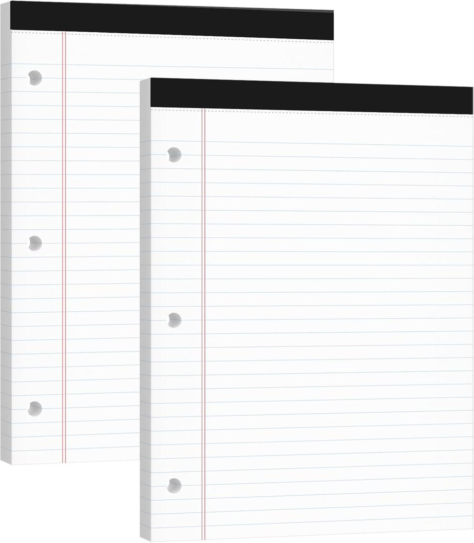 Legal Pads 8.5x11, 50 Sheets/Pack, 2-Pack,3-Hole Punch & Perforated Writing Pads, Wide Ruled White Lined Paper, Notebook 8.5x11.75, Notepads 8.5x11 for Business, School and Office Supplies