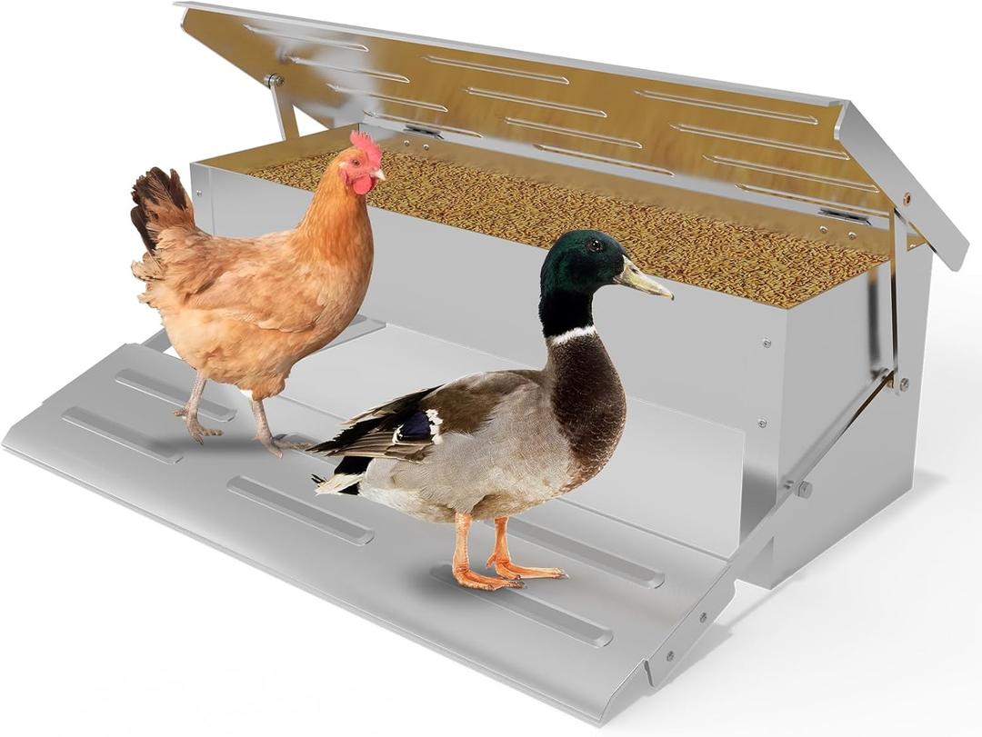 Stainless Steel Automatic Chicken Feeder, Treadle Chicken Feeder with Weatherproof Lid, No Waste Chicken Feeder, 15 lbs Poultry Feeder, for Chickens, Ducks, Fowl