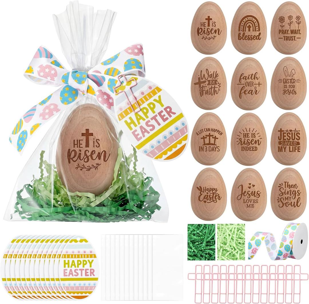 Soulchen 12 Set Easter Gifts He is Risen Wooden Resurrection Eggs Basket Stuffers with Raffia Gift Bag Ribbon and Card for Adults Christian Easter Basket Religious Centerpieces for Table Decorations