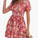 VETIOR Somerset Mini Dress Older Person Friendly Womens Elastic Smocked Waist Henley Neck with Ruffled Sleeves and Pockets, Small