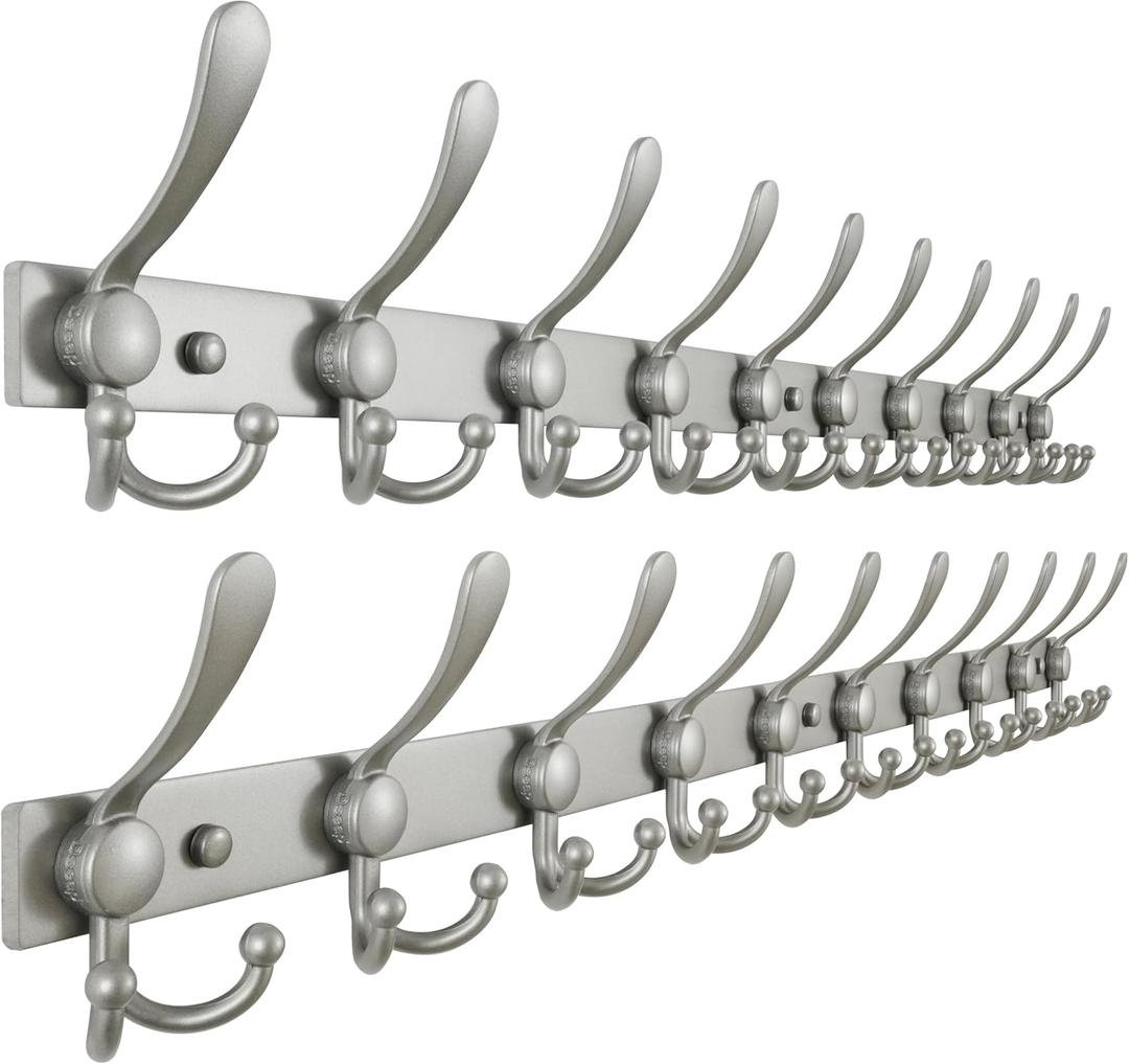 Dseap MaxStrong 2.0 Coat Rack Wall - 37 Long 10 Tri Hooks - Ultra Heavy-Duty Stainless Steel Wall Mount Coat Hanger, Hook Rail for Clothes Hats Jacket Towels Grey, Pack of 2 (Gray)