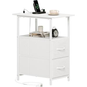 Somdot End Table with Charging Station,Narrow Side Table with 2 Fabric Drawers,Skinny Nightstand with Storage,Small Slim Bedside Table for Living Room,Sofa,Bedroom,Couch,White Leather