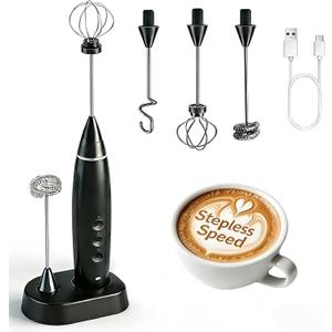 3-in-1 Electric Milk Frother with 3 Stainless Steel Whisks, USB Rechargeable Handheld Foam Maker with Charging Stand, 3 Speed Coffee Frother for Latte, Cappuccino, Hot Chocolate