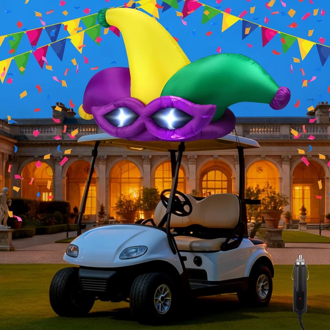 5 x 4 ft Large Inflatable Mardi Gras Golf Cart Decoration with LED Lights Outdoor Carnival Blow Ups Clown Hat for Golf Cart Car Decor Holiday Vehicle Accessories Yard Garden