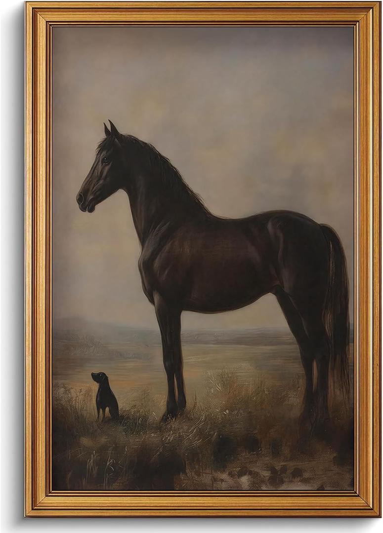 Gold Framed Wall Art Vintage Farmhouse Horse Dog Pictures Wall Decor Classic Antique Horse Canvas Art Prints Rustic Country Animal Artwork Paintings for Living Room Bedroom 16x24in