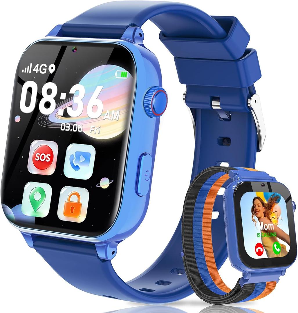 4G Kids Smart Watch with GPS Tracker, Video Call & Texting, Smart Watch for Kids with SIM Card, SOS, School Mode, HD Camera, Pedometer, Kid Watch Gift for Boys Girls Age 4-12, Bule