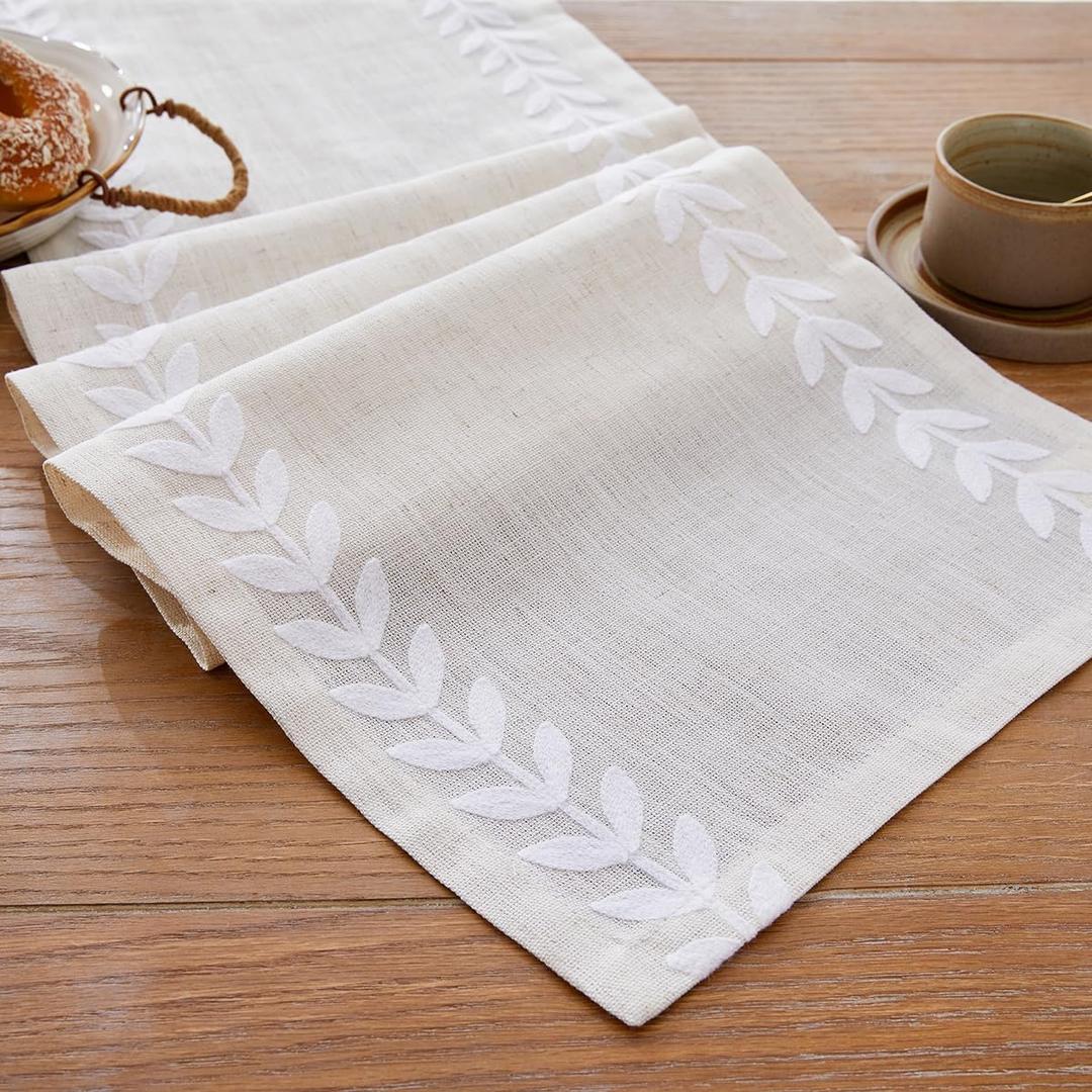 Wracra Embroidered Table Runner Irregular Willow Leaf Table Runners 108 Inches Long for Dresser Home Dining Table Decor,14 x 108 Inch, White