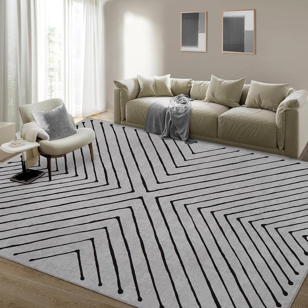 8x10 Area Rug for Living Room Washable Non Slip Large Bedroom Rug Stain Resistant Dining Room Throw Carpet Contemporary Accent Carpet Ultra Soft Modern Rug for Home Decor Office, Grey&Black